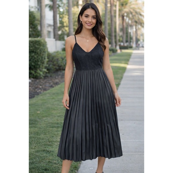 Zara Dresses & Skirts - Zara Black Lace Pleated Midi Dress Small Women's LBD Wedding Romantic Luxury